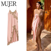 Vestido Midi de Satén con Encaje