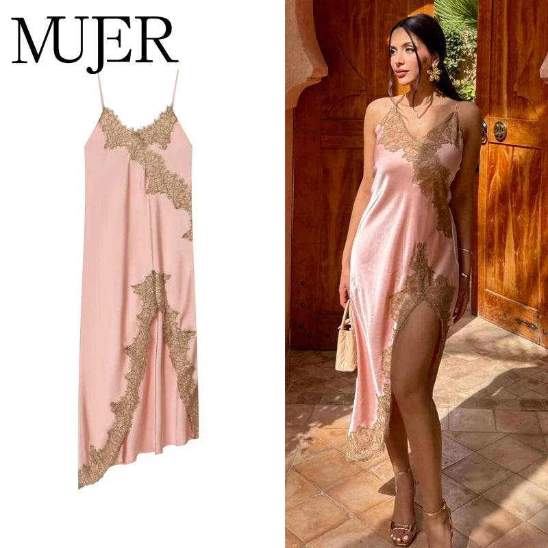 Vestido Midi de Satén con Encaje